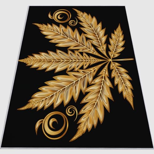 Waschbarer Kurzflor Teppich 120 x 180 cm, Rutschfester Ultraweicher Schlichtheit Luxus Eleganz Pflanzen Blätter Bedruckter Teppich aus gebürsteter Flanell Geeignet für Schlafzimmer Wohnzimmer Gold von Generic