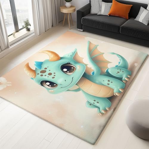 Waschbarer Kurzflor Teppich Anti-Rutsch 140 x 200 cm für Badezimmer Wohnzimmer Schlafzimmer Kinderzimmer Flur Läufer Cartoon sprechender gehörnter Drache, Teppich Matte Faltbar Türkis Waschbarer Kurzflor Teppich Anti-Rutsch 140 x 200 cm für Badezimmer Wohnzimmer Schlafzimmer Kinderzimmer Flur Läufer Cartoon sprechender gehörnter Drache, Teppich Matte Faltbar Türkis von Generic