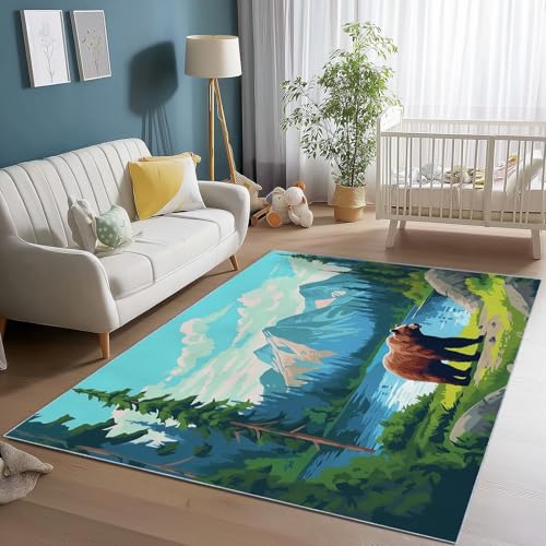 Waschbarer Kurzflor Teppich Hellblau – Weicher Pflegeleicht Flanell mit Natur Ölgemälde Bär Wald Bedruckter Muster Teppich für Wohnzimmer Diele Büro Esszimmer, 120 x 170 cm von Generic