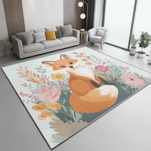 Waschbarer Teppich 160 x 230 cm Weicher Rutschfester Kinderteppich für Wohnzimmer, Schlafzimmer Niedliche Kunst Fuchs Blumen, Pflegeleichter Rechteckiger Teppich Orange Farbe von Generic