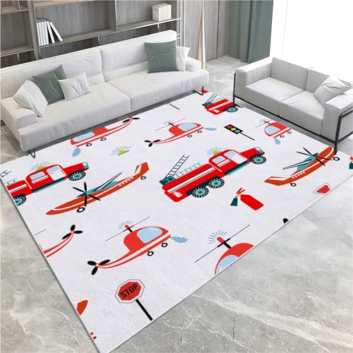 Waschbarer Teppich Cartoon-Feuerwehrauto-Flugzeug Teppich Wohnzimmer 120x170 Teppich Kurzflor Modern Teppich Schlafzimmer Teppich Groß Weiche rutschfest Waschbarer Teppich von Generic