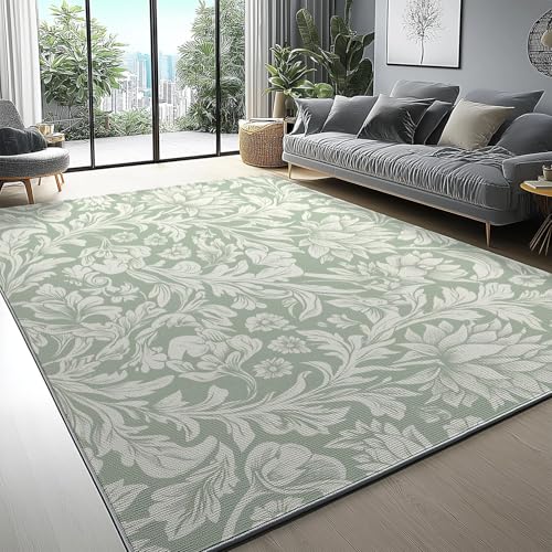 Waschbarer Teppich Grau Grün Weicher Rutschfester Kinderteppich für Wohnzimmer, Schlafzimmer 160 x 230 cm, Pflegeleichter Rechteckiger Teppich Eleganter Morris-Blumenstil Muster von Generic