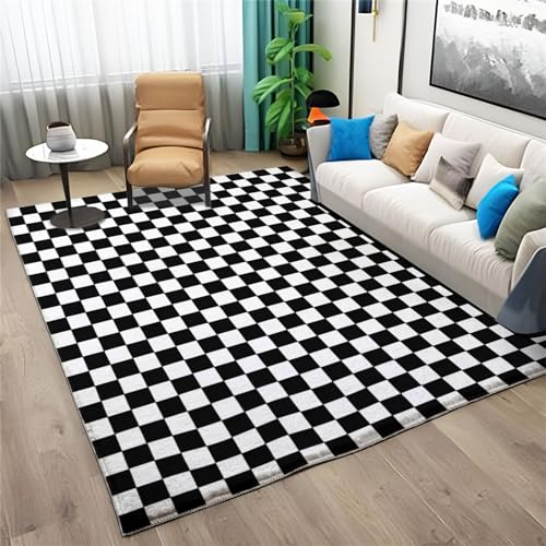 Teppich 160x230cm für Wohnzimmer und Schlafzimmer Moderne DekoQuadratisches Schachbrettmuster Flauschiger und Rutschfester Waschbar Kurzflor Teppich Schwarz Und Weiß, Faltbare weiche Kindermatte von Generic