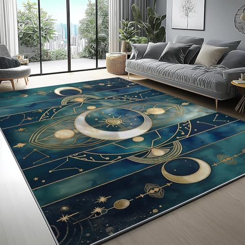 Waschbarer Teppich Türkis Weicher Rutschfester Kinderteppich für Wohnzimmer, Schlafzimmer 140 x 200 cm, Pflegeleichter Rechteckiger Teppich Geheimnisvolle himmlische geometrische Elemente Muster von Generic