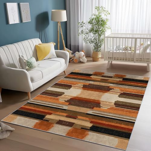 Waschbarer Teppich Wohnzimmer 120 x 180 cm, Abstrakte Vertikale Streifen Design Teppich Schlafzimmer Kurzflor, Groß Teppiche rutschfest Weiche für Kinderzimmer Esszimmer Flur Braun Orange von Generic