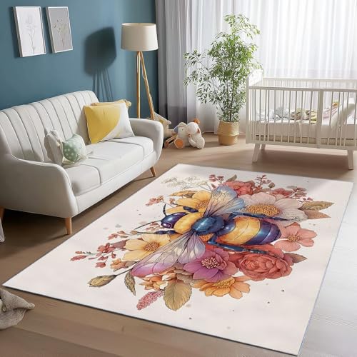 Waschbarer Teppich Wohnzimmer 120 x 180 cm, Süße Retro-Biene Design Teppich Schlafzimmer Kurzflor, Groß Teppiche rutschfest Weiche für Kinderzimmer Esszimmer Flur Hellbraun von Generic