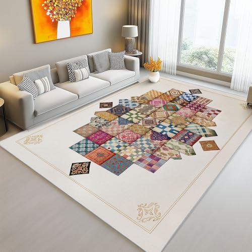 Waschbarer Teppich Wohnzimmer 120 x 180 cm, Traditionelles Geometrisches Karomuster Design Teppich Schlafzimmer Kurzflor, Groß Teppiche rutschfest Weiche für Kinderzimmer Esszimmer Flur Beige von Generic