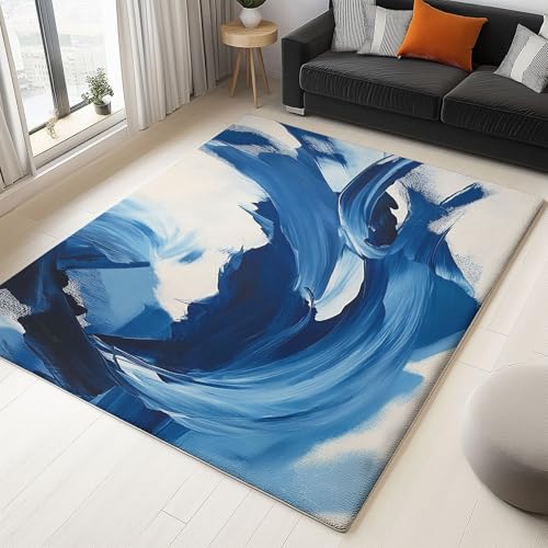 Waschbarer Teppich Wohnzimmer 140 x 200 cm, Abstrakte Glatte Linien Design Teppich Schlafzimmer Kurzflor, Groß Teppiche rutschfest Weiche für Kinderzimmer Esszimmer Flur Blau Weiß von Generic