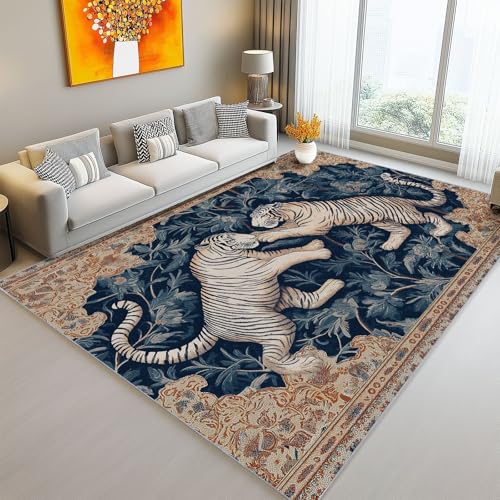 Waschbarer Teppich Wohnzimmer 140 x 200 cm, Einfaches Tier Tiger Blätter Design Teppich Schlafzimmer Kurzflor, Groß Teppiche rutschfest Weiche für Kinderzimmer Esszimmer Flur Dunkelblau Beige von Generic