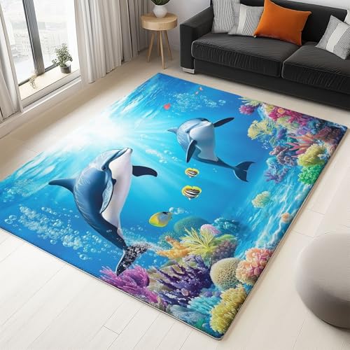 Waschbarer Teppich Wohnzimmer 140 x 200 cm, Unterwasserdelfine Korallen Design Teppich Schlafzimmer Kurzflor, Groß Teppiche rutschfest Weiche für Kinderzimmer Esszimmer Flur Blau von Generic