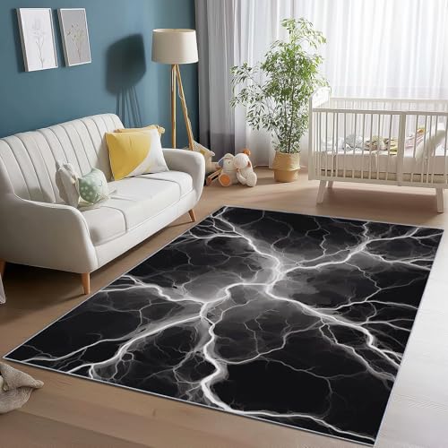 Waschbarer Teppich Wohnzimmer 160 x 230 cm, Abstrakte Blitzstreifen Design Teppich Schlafzimmer Kurzflor, Groß Teppiche rutschfest Weiche für Kinderzimmer Esszimmer Flur Schwarz von Generic