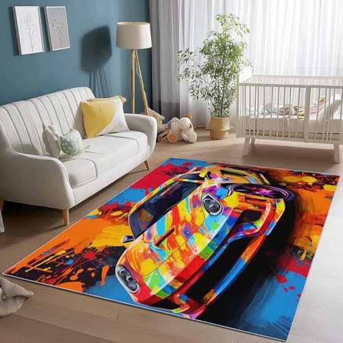 Waschbarer Teppich Wohnzimmer 160 x 230 cm, Abstrakter Graffiti-Sportwagen Design Teppich Schlafzimmer Kurzflor, Groß Teppiche rutschfest Weiche für Kinderzimmer Esszimmer Flur Bunt von Generic