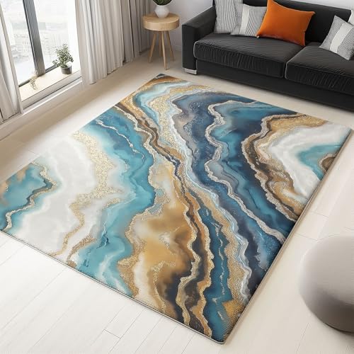Waschbarer Teppich Wohnzimmer 160 x 230 cm, Abstrakter Marmor Design Teppich Schlafzimmer Kurzflor, Groß Teppiche rutschfest Weiche für Kinderzimmer Esszimmer Flur Blau Cyan von Generic