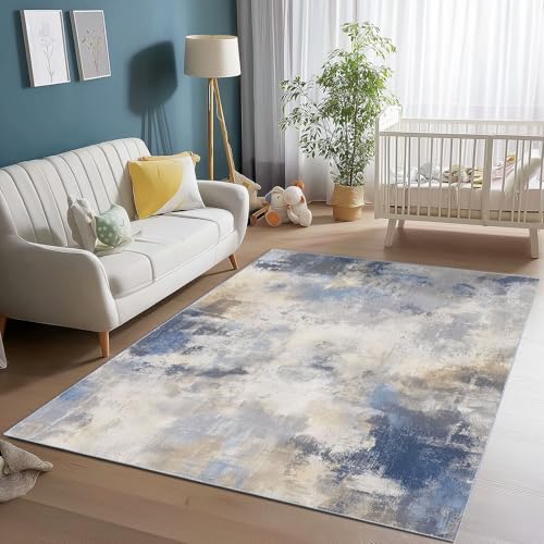 Waschbarer Teppich Wohnzimmer 160 x 230 cm, Moderne Retro-Streifen Design Teppich Schlafzimmer Kurzflor, Groß Teppiche rutschfest Weiche für Kinderzimmer Esszimmer Flur Blau Beige von Generic