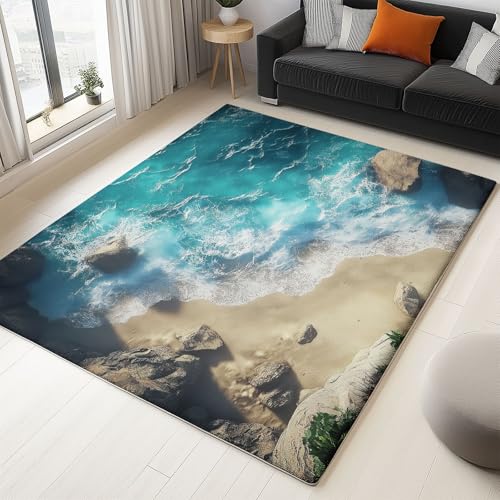 Waschbarer Teppich Wohnzimmer 160 x 230 cm, Natur Ozeanwellen Design Teppich Schlafzimmer Kurzflor, Groß Teppiche rutschfest Weiche für Kinderzimmer Esszimmer Flur Smaragdgrün Waschbarer Teppich Wohnzimmer 160 x 230 cm, Natur Ozeanwellen Design Teppich Schlafzimmer Kurzflor, Groß Teppiche rutschfest Weiche für Kinderzimmer Esszimmer Flur Smaragdgrün von Generic