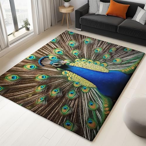 Waschbarer Teppich Wohnzimmer 160 x 230 cm, Tierische Pfauen Design Teppich Schlafzimmer Kurzflor, Groß Teppiche rutschfest Weiche für Kinderzimmer Esszimmer Flur Blau Grün Waschbarer Teppich Wohnzimmer 160 x 230 cm, Tierische Pfauen Design Teppich Schlafzimmer Kurzflor, Groß Teppiche rutschfest Weiche für Kinderzimmer Esszimmer Flur Blau Grün von Generic