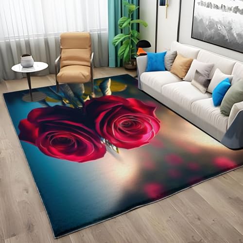 Waschbarer Teppich Wohnzimmer 160x230cm Teppich Schlafzimmer Rosenblüte Pflanzen Kurzflor Teppich Rechteck Weiche Teppich für Schlafzimmer rutschfest Teppich Bunt Flauschiger Teppich von Generic