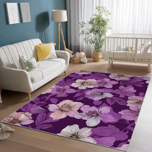 Waschbarer Teppich Wohnzimmer 60 x 120 cm, Elegante Handgemalte Blumen Design Teppich Schlafzimmer Kurzflor, Groß Teppiche rutschfest Weiche für Kinderzimmer Esszimmer Flur Lila Waschbarer Teppich Wohnzimmer 60 x 120 cm, Elegante Handgemalte Blumen Design Teppich Schlafzimmer Kurzflor, Groß Teppiche rutschfest Weiche für Kinderzimmer Esszimmer Flur Lila von Generic