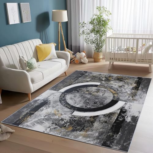 Waschbarer Teppich Wohnzimmer 60 x 120 cm, Modernes Minimalistisches Kreisförmiges Ornament Design Teppich Schlafzimmer Kurzflor, Teppiche rutschfest Weiche für Kinderzimmer Esszimmer Flur Dunkelgrau von Generic