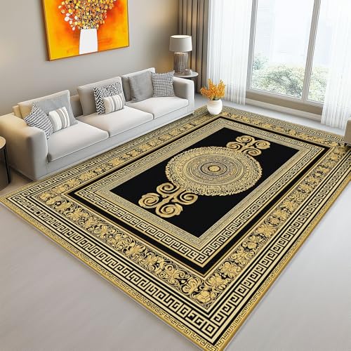 Waschbarer Teppich Wohnzimmer 60 x 120 cm, Vintage-Luxus Griechischer Schlüssel Design Teppich Schlafzimmer Kurzflor, Groß Teppiche rutschfest Weiche für Kinderzimmer Esszimmer Flur Gold Schwarz von Generic