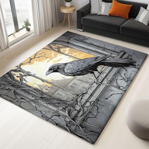 Waschbarer Teppich Wohnzimmer 60 x 120 cm, Vintage Vögel Krähen Design Teppich Schlafzimmer Kurzflor, Groß Teppiche rutschfest Weiche für Kinderzimmer Esszimmer Flur Grau von Generic
