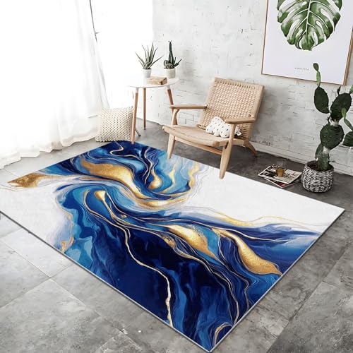 Waschbarer Teppich Wohnzimmer Blau rutschfeste Badvorleger Matte, 180 x 240 cm Flanell Kurzflor Antibakteriell Teppich Schlafzimmer - Abstrakt Wirbellinien Marmor Dekoration Türmatte von Generic