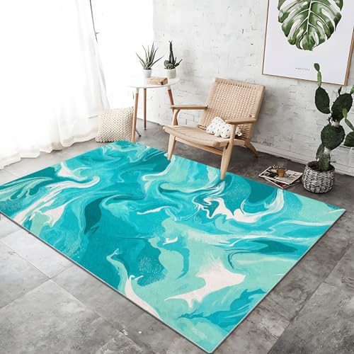 Waschbarer Teppich Wohnzimmer Blaugrün rutschfeste Badvorleger Matte, 120 x 180 cm Flanell Kurzflor Antibakteriell Teppich Schlafzimmer - Abstrakt Türkis Marmor Dekoration Türmatte von Generic