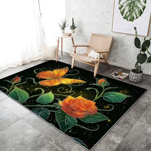 Waschbarer Teppich Wohnzimmer Orange Farbe rutschfeste Badvorleger Matte, 180 x 240 cm Flanell Kurzflor Antibakteriell Teppich Schlafzimmer - Fantasie Cartoon Tier Schmetterling Dekoration Türmatte von Generic
