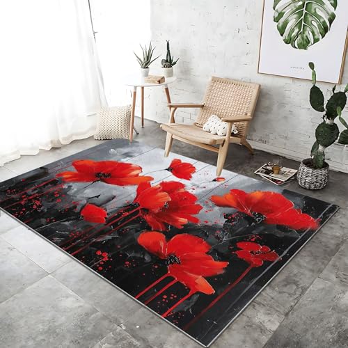 Waschbarer Teppich Wohnzimmer Rot rutschfeste Badvorleger Matte, 140 x 200 cm Flanell Kurzflor Antibakteriell Teppich Schlafzimmer - Abstrakt Graffiti Mohnpflanze Dekoration Türmatte von Generic