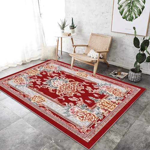 Waschbarer Teppich Wohnzimmer Rot rutschfeste Badvorleger Matte, 180 x 240 cm Flanell Kurzflor Antibakteriell Teppich Schlafzimmer - Orientalische Klassische Blumen Quadratischer Dekoration Türmatte von Generic
