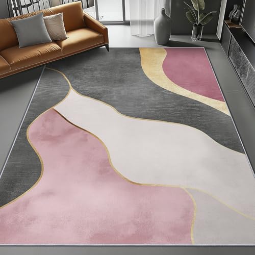 Waschbarer Teppich für Esszimmer Schlafzimmer 60 x 110 cm, Modern Linien Handgezeichnete Textur Thema Flauschig Flanell Wohnzimmerteppich, Rosa rutschfest & Kurzflor Teppiche von Generic