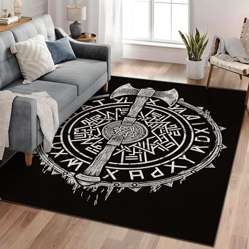 Waschbarer Wikinger-Axt Rune Wikinger-Schild Kurzflor Teppich - Weicher, Rutschfester Teppich für Wohnzimmer, Schlafzimmer - Flauschiger, Schwarz Teppiche Gegend, 140cm x 200cm Waschbarer Wikinger-Axt Rune Wikinger-Schild Kurzflor Teppich - Weicher, Rutschfester Teppich für Wohnzimmer, Schlafzimmer - Flauschiger, Schwarz Teppiche Gegend, 140cm x 200cm von Generic