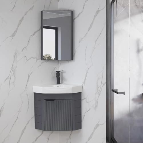 Waschbeckenunterschrank Hängend mit Keramikbecken Badmöbel Set mit Spiegelschrank Eckwaschbecken mit Unterschrank für Kleine Bäder, Gästebad(43cm(17'')) von Generic