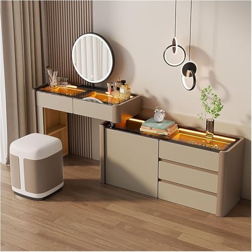 Waschtisch Mit Glasplatte Mit Spiegel Und Lichtern, Ausziehbarer Schminktisch Mit Schubladen, Waschtisch-Set Mit Stuhl, Geeignet Für Schlafzimmer, Wohnzimmer, Arbeitszimmer, Brown, 120cm*40cm*76cm von Generic