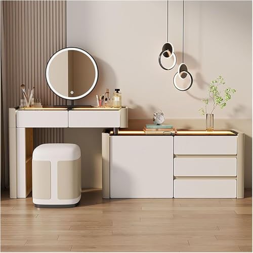 Waschtisch Mit Glasplatte Mit Spiegel Und Lichtern, Ausziehbarer Schminktisch Mit Schubladen, Waschtisch-Set Mit Stuhl, Geeignet Für Schlafzimmer, Wohnzimmer, Arbeitszimmer, White, 100cm40cm*76cm von Generic
