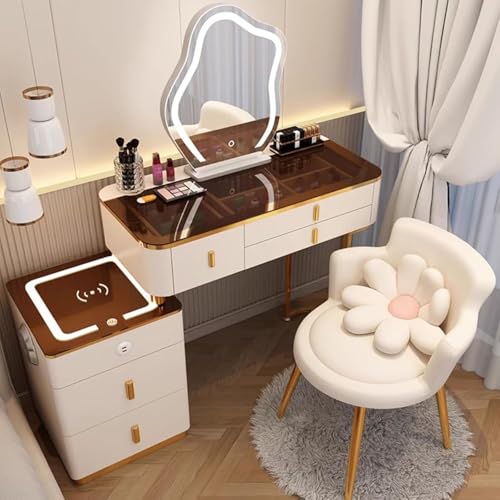 Waschtisch Mit Stuhl, Schminktisch Mit Spiegel Und Leuchten, Mit 3-farbigem Touchscreen-verdunkelungsspiegel, Schminktisch-Set, Mit 3 Schubladen Und Seitenschrank, Wei, Brown+White, 120.5x40x78cm von Generic