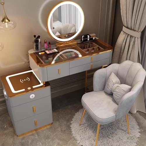 Waschtisch Mit Stuhl, Schminktisch Mit Spiegel Und Leuchten, Mit 3-farbigem Touchscreen-verdunkelungsspiegel, Schminktisch-Set, Mit 3 Schubladen Und Seitenschrank, Wei, Brown Gray, 80.2x40x78cm von Generic