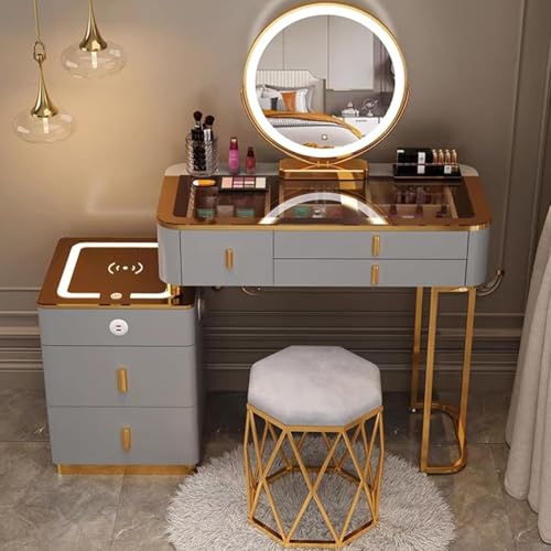 Waschtisch Mit Stuhl, Schminktisch Mit Spiegel Und Leuchten, Mit 3-farbigem Touchscreen-verdunkelungsspiegel, Schminktisch-Set, Mit 3 Schubladen Und Seitenschrank, Wei, Brown Gray, 80x40x78cm von Generic