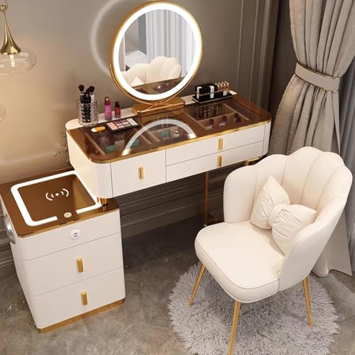 Waschtisch Mit Stuhl, Schminktisch Mit Spiegel Und Leuchten, Mit 3-farbigem Touchscreen-verdunkelungsspiegel, Schminktisch-Set, Mit 3 Schubladen Und Seitenschrank, Wei, Brown White, 80.2x40x78cm von Generic