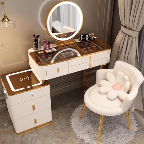 Waschtisch Mit Stuhl, Schminktisch Mit Spiegel Und Leuchten, Mit 3-farbigem Touchscreen-verdunkelungsspiegel, Schminktisch-Set, Mit 3 Schubladen Und Seitenschrank, Wei, Brown White, 80.5x40x78cm von Generic