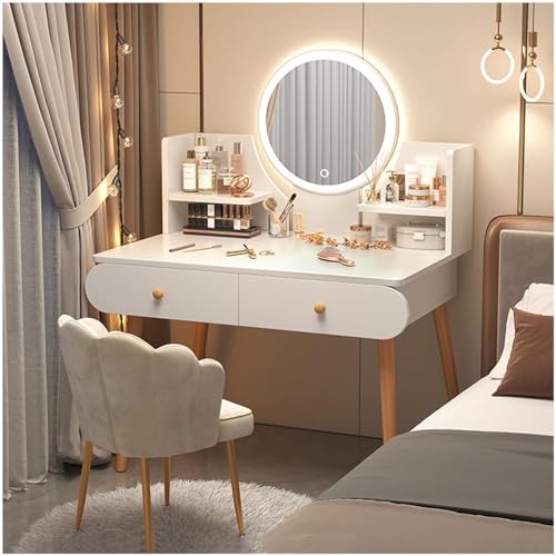 Waschtisch-Set Mit Beleuchtetem Spiegel, Schminktisch Mit Ablagefach Und Schubladen, Schminktisch Mit Bequemem Stuhl, 3-farbige Beleuchtungsmodi, Einstellbare Helligkeit, White, 100cm von Generic