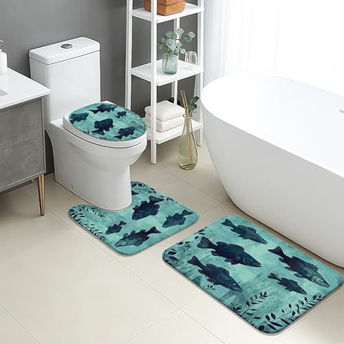 Wasser-Badematten-Set, 3-teilig, künstlerisches Fischmuster, saugfähig, rutschfest, WC-Vorleger, U-förmig, waschbar, Küsten-Stil, schnell trocknender Memory-Schaum, Badezimmerteppich-Set von Generic