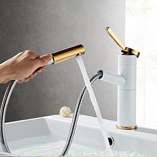 Wasserhahn Bad Ausziehbar Einhebelmischer Bad Waschtischarmatur mit Herausziehbarer Armaturen Waschbecken 360° Schwenkbar Weiß+Gold,Niedrig (Color : Weiß+gold, Size : Niedrig) von Generic