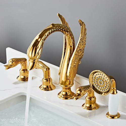 Wasserhahn Bad für Waschbecken Mischbatterie Waschtischmischer 5 teiliges Badewannenarmatur Set Badewannenmischbatterien mit Dusche goldene Badewannenmischbatterie mit herausziehbarer Handbrause Wasserhahn Bad für Waschbecken Mischbatterie Waschtischmischer 5 teiliges Badewannenarmatur Set Badewannenmischbatterien mit Dusche goldene Badewannenmischbatterie mit herausziehbarer Handbrause von Generic