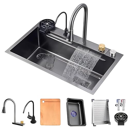 Waterfall Single Bowl Kitchen Sink with Pull-out Faucet Knob Drainage Glass Rinser Strainer & Accessories - 68x45x22cm Modernes Design für effizientes Washing von Generic