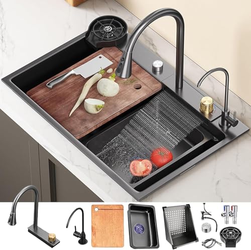 Waterfall Sink Black, Multifunktionale Küchenspüle 304 Edelstahlspüle, Spüle Mit Multifunktionalem Wasserhahn Und Verschiedenem Zubehör, Black, 80x46cm Waterfall Sink Black, Multifunktionale Küchenspüle 304 Edelstahlspüle, Spüle Mit Multifunktionalem Wasserhahn Und Verschiedenem Zubehör, Black, 80x46cm von Generic
