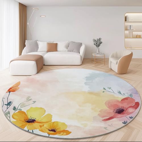 Runder Teppich mit Einfach Aquarell Blume Drucken, Gelb Rosa Flanell Weich Fußmatte für Schlafzimmer Kinderzimmer Küche, Ø 180 cm Rund Teppiche Mit Anti-Rutsch Unterseite von Generic