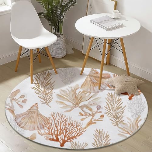 Weich Teppich Rund 120 cm Natur Muscheln Seetang, Waschbar rutschfest Wohnzimmerteppich Robuster Flauschiger Rund Teppiche Braun Bedruckt Teppich Für Esszimmer Schlafzimmer von Generic