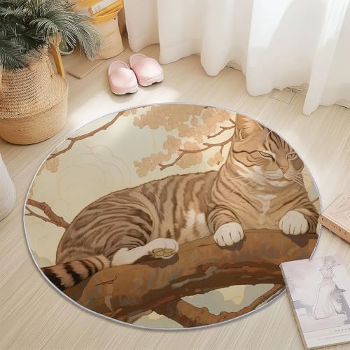 Weich Teppich Rund 120 cm Retro Getigerte Katze Blumen, Waschbar rutschfest Wohnzimmerteppich Robuster Flauschiger Rund Teppiche Braun Bedruckt Teppich Für Küchen Esszimmer Schlafzimmer von Generic