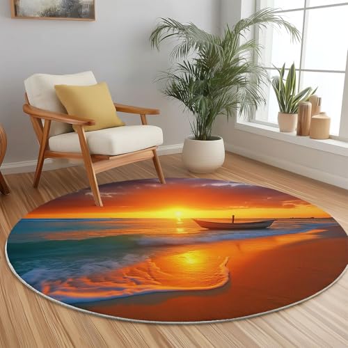 Weich Teppich Rund 180 cm Landschaft Strand Boote, Waschbar rutschfest Wohnzimmerteppich Robuster Flauschiger Rund Teppiche Orange Farbe Bedruckt Teppich Für Küchen Esszimmer Schlafzimmer Weich Teppich Rund 180 cm Landschaft Strand Boote, Waschbar rutschfest Wohnzimmerteppich Robuster Flauschiger Rund Teppiche Orange Farbe Bedruckt Teppich Für Küchen Esszimmer Schlafzimmer von Generic